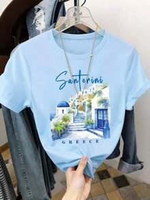 Women's Santorini, Greece Printed T-Shirt - White, Short Sleeve, Crew Neck, Casual, With Blue Dome Roofs And  Foliage Design, Lightweight, Spring/Summer Travel Souvenir, Bachelorette Party Gift, Spring Casual Wear | Vibrant Design T-Shirt - 淺藍色 - 查看 5