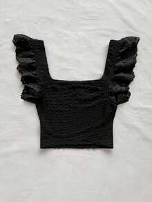 Elegante top corto de mujer de punto con plisados, adornos de encaje floral y diseño ideal para vacaciones - Negro - Ver 2