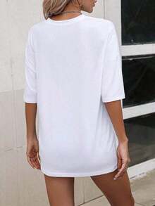 Camiseta Casual de Mujer con Estampado de Lazo, Cuello Redondo y Hombros Caídos, Tejido Suave de Verano, Transpirable y Cómoda - Blanco - Ver 3