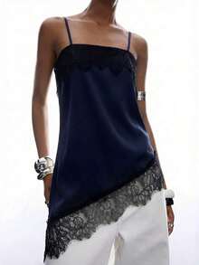 Camiseta de mujer con encaje asimétrico y contraste - azul real - Ver 7