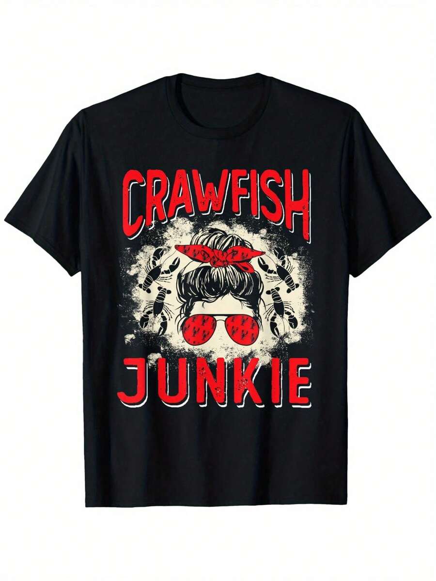 Mujer rubia con un moño despeinado, camiseta divertida para fiesta de cangrejos de río - Negro - Ver 1