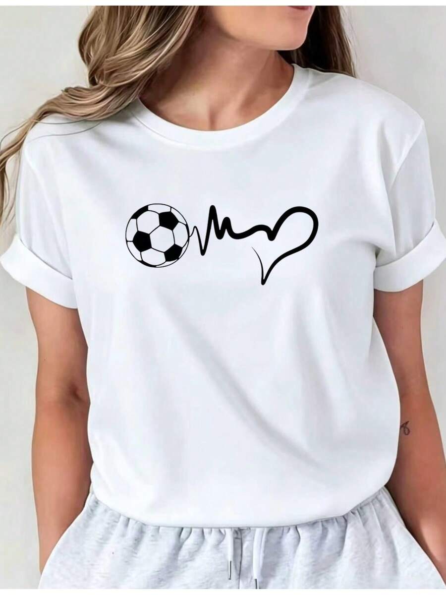 Women's Football Jersey With A Heartbeat Print, Short Sleeves, Crew Neck, Casual Summer Wear, Machine Washable, Suitable For Casual Football Wear, A Great Gift For Female Players. Casual Crew Neck T-Shirt, Comfortable Women's Clothing. - 白色 - 查看 1