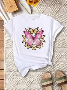 Camiseta Elástica para Mujer - Rosa Suave y Amarillo con Estampado de Mariposas, Cuello Redondo, Estilo Casual, Lavable a Máquina para Todas las Temporadas - Blanco - Ver 6