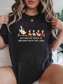 100% Cotton T-Shirt With Biblical Print "Christian Goose Walking By Faith, Constantly Stumbling", Women's Graphic T-Shirt, Casual Short Sleeve T-Shirt, Summer T-Shirt For Women - 黑色 4 - 查看 6