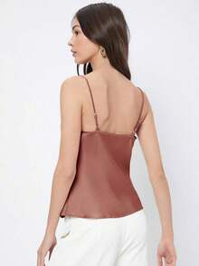 Top de satén sin mangas para mujer, elegante y romántica de unicolor, para uso casual y de negocios, adecuada para oficina, diario, otoño - Albaricoque 2 - Ver 2