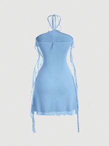Vestido de malla elástica de punto para mujeres con decoración floral, volantes sin mangas en color lila - Azul - Ver 2