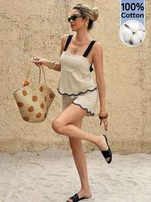 Conjunto de 2 piezas de top de tirantes y shorts de estilo casual, sexy y de vacaciones con diseño de contraste de color, espalda descubierta, nudo y recorte de ganchillo para mujer - Albaricoque - Ver 9