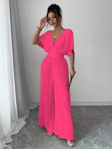 Mono de mujer elegante con cuello en V profundo, mangas tipo murciélago y plisados, de unicolor - Rosa Fucsia - Ver 4