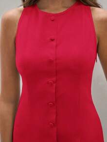 1 pieza Vestido casual mini de mujer de un solo botón, cuello redondo, sin mangas, de un solo color - Rojo - Ver 5