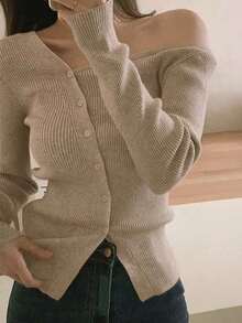 Blusa casual de mujer de punto acanalado con botones y manga corta - Marrón Mocha 2 - Ver 8