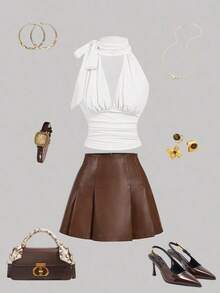 Blusa elegante y chic de unicolor con cuello plisado y recortado, ajustada, para el verano - Blanco - Ver 5