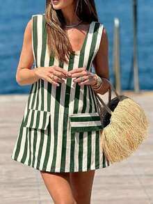 Conjunto de vacaciones para mujer: Vestido mini casual de playa de estilo bohemio con parches a rayas, elegante para el verano - Verde - Ver 2