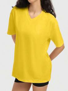 Camiseta holgada para mujer de manga corta y cuello redondo, camisa casual estilo Y2K, básica para deportes de verano - Amarillo - Ver 3