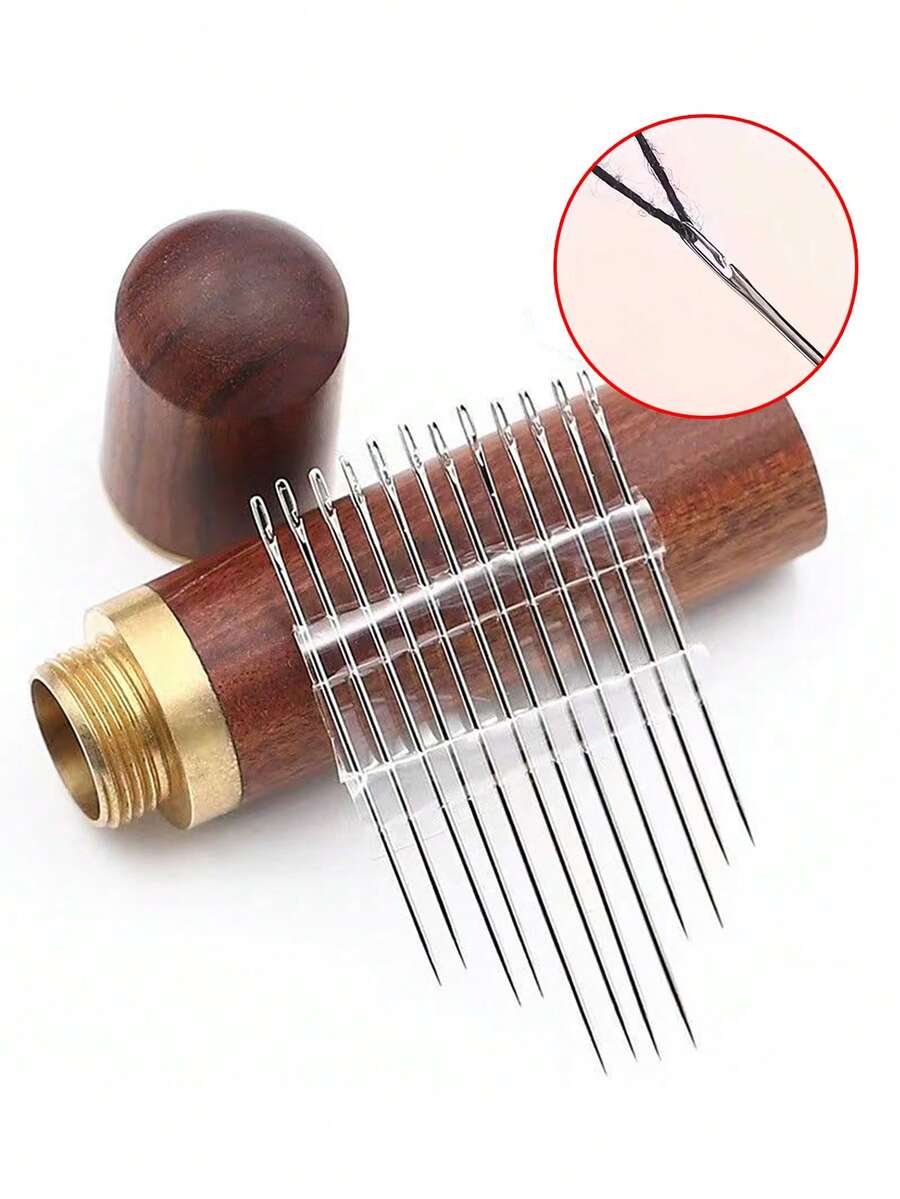 12pcs/Set + Wooden Storage Box Stainless Steel Easy-Threading Side-Eyed Sewing Needles, Suitable For Elderly Handcraft Sewing, Upholstery Tools, DIY Home Craft Supplies