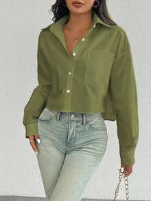 Camisa casual de manga larga con bolsillo, de ajuste suelto y hombros caídos, de unicolor, para primavera/verano, Top de manga larga - Verde militar - Ver 4