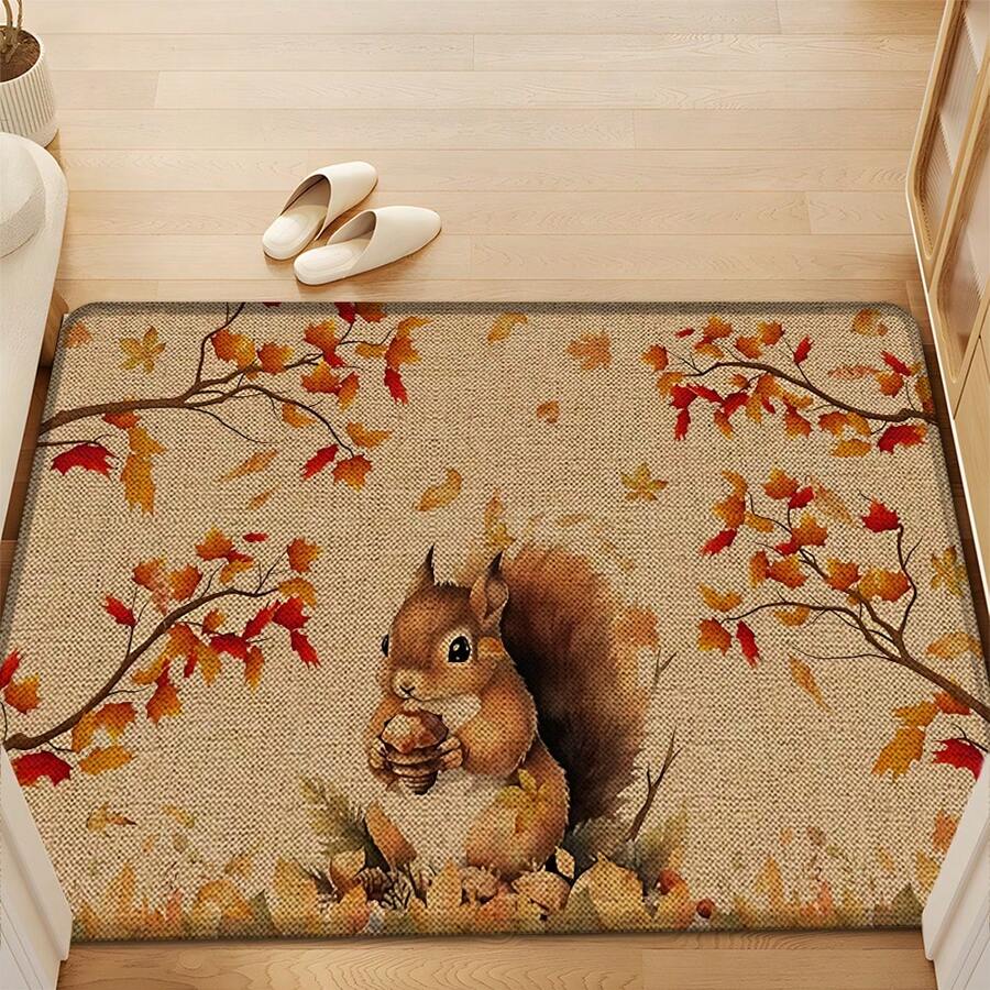 1 pieza Alfombra de lino con estampado de ardilla para cocina, felpudo, alfombra de baño, alfombra de pasillo, alfombra rectangular impresa en 3D para sala de estar, dormitorio, pasillo, baño, lavandería - Alfombra de poliéster para decoración del hogar interior y exterior - Multicolor - Ver 1