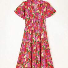 Bohemian Style Rose Print Short Sleeve Low Waist Dress Pink Vacation Summer Elegant - Rosa - Ver 5