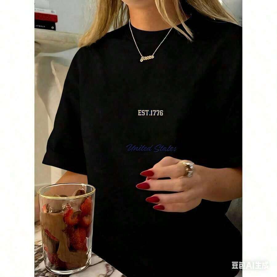 Camiseta Gráfica Vintage de Mujer con Diseño de California Los Ángeles - Cuello Redondo Casual, Manga Corta, Algodón, Lavable a Máquina, Estampado EST 1776, Camiseta Casual de Mujer 100% Algodón - Negro - Ver 1