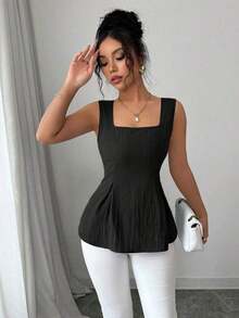 Camisa sin mangas elegante con cuello cuadrado, cintura atada y rayas para el verano 2025 - Negro - Ver 4