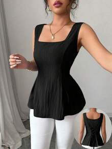 Camisa sin mangas elegante con cuello cuadrado, cintura atada y rayas para el verano 2025 - Negro - Ver 5