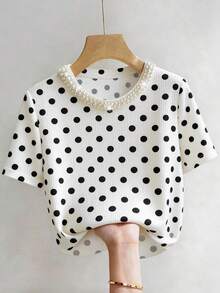 Camiseta de manga corta con cuello redondo ajustado, con cuentas y acanalada, elegante para mujeres - Negro - Ver 3