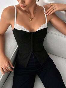 Camiseta de tirantes de uso diario versátil y casual con parches de encaje para mujer - Blanco y Negro - Ver 4