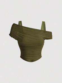 Top sin mangas para mujer con superposición de malla de unicolor, verde - Verde militar - Ver 6