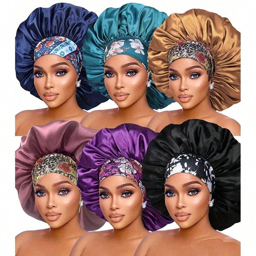 6pcs Printed Elastic Brimmed Sleep Cap For Women - Solid Color Smooth Satin Fabric, Casual & Comfortable, Suitable For Sleeping To Protect Hair,Holiday,Travel