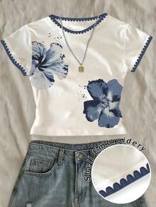 Camiseta corta de ajuste ceñido con estampado floral naranja de estilo elegante de resort para mujer - Azul 2 - Ver 5
