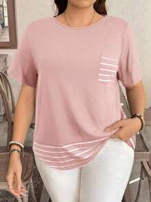 Camiseta casual de talla grande con bolsillo y rayas de contraste, prenda de vestir occidental estilo boho bohemio, top de festival de los 90, verano y primavera - Rosa - Ver 1