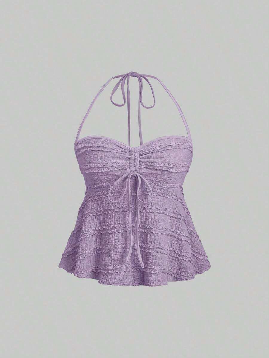 Tops halter con cordón en el busto de color sólido, estilo Y2K para mujeres - Morado - Ver 1