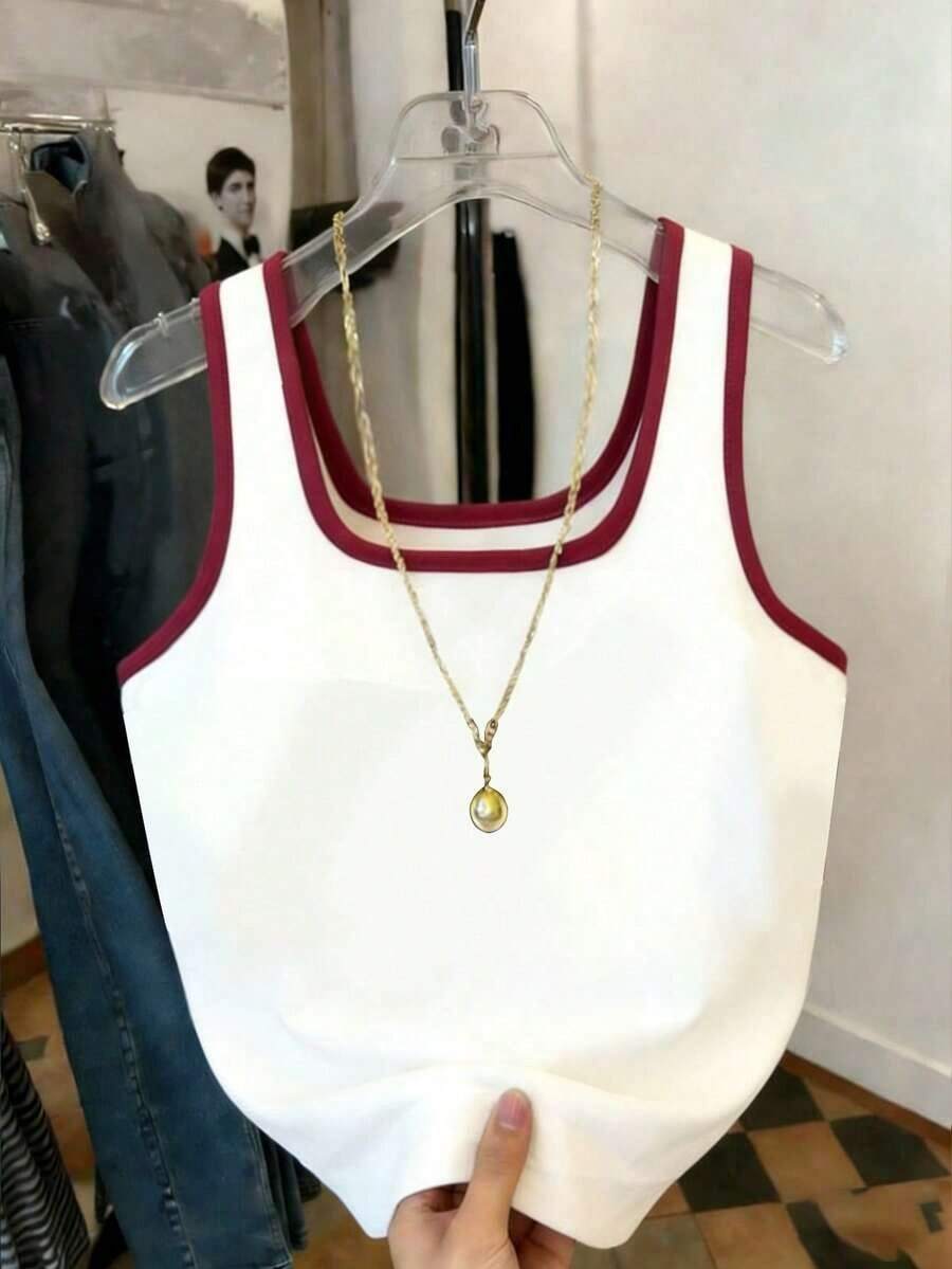 Mejor vendido top de mujer ajustado de cuello redondo con contraste de color - Rojo y blanco - Ver 1