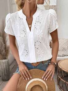 Camisa de mujer con escote en V con muesca, mangas abullonadas, blusa de manga corta - Blanco - Ver 1
