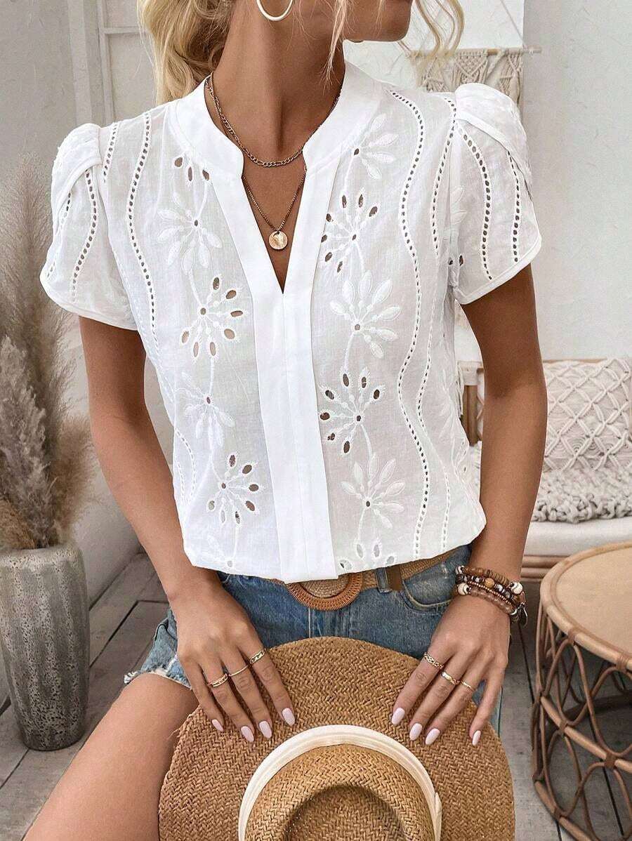 Camisa de mujer con escote en V con muesca, mangas abullonadas, blusa de manga corta - Blanco - Ver 1