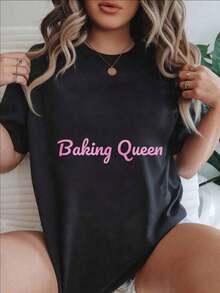 Women's Casual Short Sleeve T-Shirt - "Baking Queen" Summer Crew Neck Top, Machine Washable, Ladies' T-Shirts, Casual Wear, Modern Style, Comfortable Fit

-White - 黑色 - 查看 1