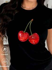 Camiseta de  con Estampado de Bola de Discoteca y Cerezas, Manga Corta Casual, Cuello Redondo, de Algodón, Tejido Suave y Transpirable, Ideal para el Verano, Perfecta para Fiestas, Estilo Y2K, Transpirable y Cómoda. - Negro - Ver 2