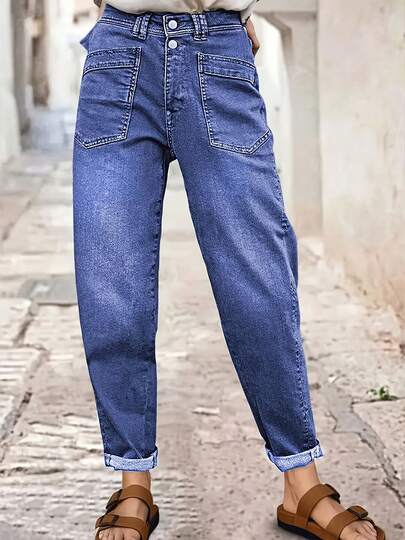 Ladies' Elastic Mid Waist Straight Leg Jeans - Olive Green Button Closure Waistband Loop Slanted Pocket Design Four Season Jeans Suitable For Casual And Semi Formal Occasions Women's Loose Pants Women's Jeans Street Fashion Women's Pants