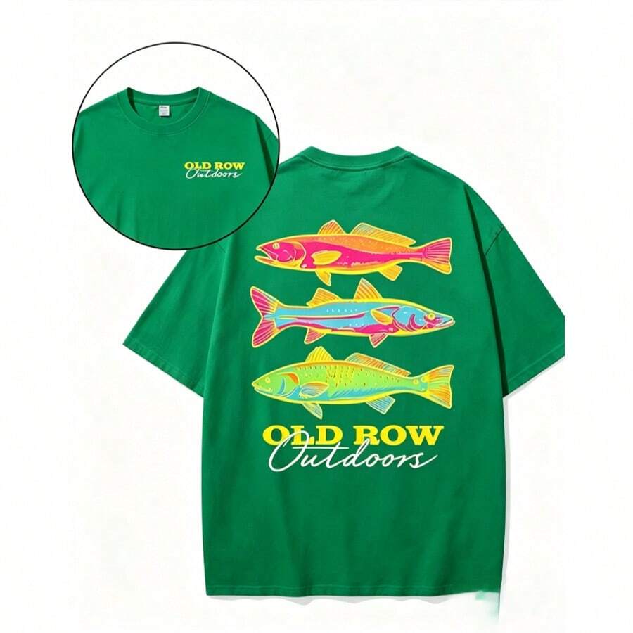 Men's Casual Summer Washed Cotton T-Shirt Old Row Outdoor Fish Print, Round Neck Short Sleeve Lightweight Knitted Fabric, Rib Details 100% Cotton - 純棉綠色 - 查看 1