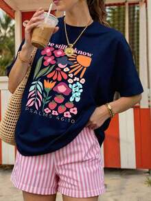 Women's DrmWander Casual Graphic Print Short-Sleeved T-Shirt With Round Neck. Ideal Choice For Daily Commutes, Beach Holidays And Travel. - 海軍藍 - 查看 5