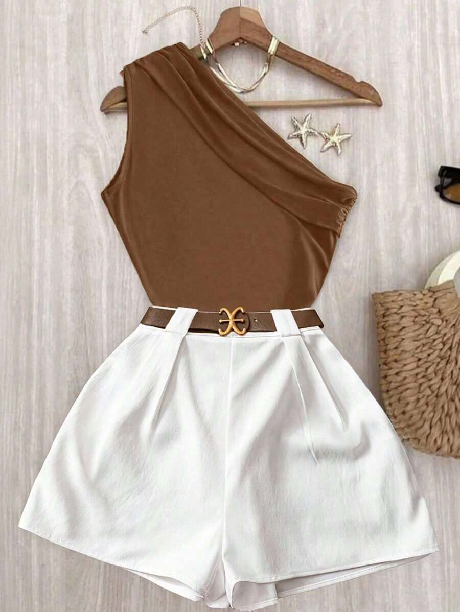 Conjunto de top plisado de hombro de color marrón sólido y elástico para uso casual y pantalones blancos de cintura elástica - Multicolor - Ver 1