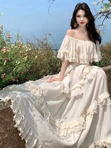 Women's Long Bohemian Summer Dress, Off-The-Shoulder With Ruffles And Bow, Wide Skirt With Floral Print, White Color, Cotton And Linen Fabric, Ideal For Beach And Holidays. - 杏色 - 查看 11