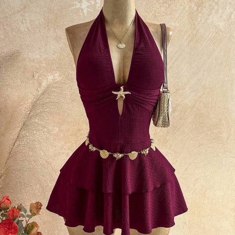 WYWH Women's Solid Color Halter Metal Decor Fashion Date Party Mini Dress - Burdeos - Añade 2