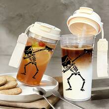 1pc/5pcs 500ml Gradient Plastic Cup With Straw, Carrying Rope And Leak-Proof Lid, Printed With Funny Graduation Skeleton Pattern, Suitable For Daily Use, Ideal Gift For Graduates, Students And People Who Like Humorous Graduation Theme During Graduation Season - Multicolored Skull Graduation Cap - View 3