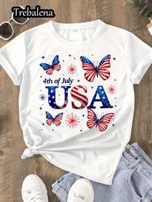 PremiumCamiseta de cuello redondo 100% "Camiseta del Día de la Independencia Americana 4 de Abril, para mujer - estampado de estrellas y rayas con mariposas, camiseta casual de verano, ropa festiva para el Día de la Independencia" camiseta de manga corta, top casual a la moda, ropa de mujer para primavera y verano, ideal para el Día de la Madre. Nueva llegada - Blanco - Ver 1