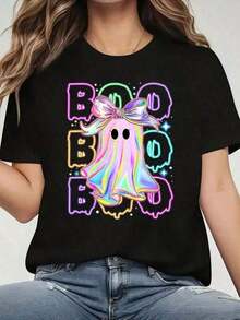 Camiseta de Mujer con Lazo de Fantasma Neón, Negra, con Patrón de Fantasmas Coloridos, Adecuada para Fiestas de Halloween, Disfraces de Halloween y Acción de Gracias, 22 0g2025, Camiseta Holgada, Casual y Versátil, Estilo Y2k. - Negro - Ver 10