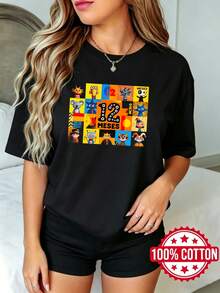 Camiseta negra de manga corta, cuello redondo y estampado para mujer en verano Persones de dibujos animados coloridos en un patrón de cuadrícula S-3XL moda - Negro - Ver 2