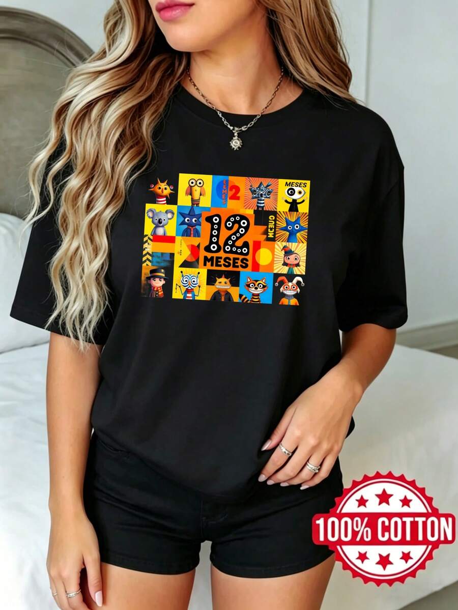 Camiseta negra de manga corta, cuello redondo y estampado para mujer en verano Persones de dibujos animados coloridos en un patrón de cuadrícula S-3XL moda