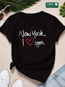 Camiseta de Mujer "New York I Love You" - Casual, cómoda, versátil, de manga corta con diseño de letras cursivas, negra, perfecta para el uso diario.| Camiseta con Estampado de Moda| Estilo con detalles acanaladosuna camiseta estampada muy distintiva / estilo unisex / adecuada tanto para hombres como para mujeres / resistente a las arrugas / transpirable - Negro - Ver 2