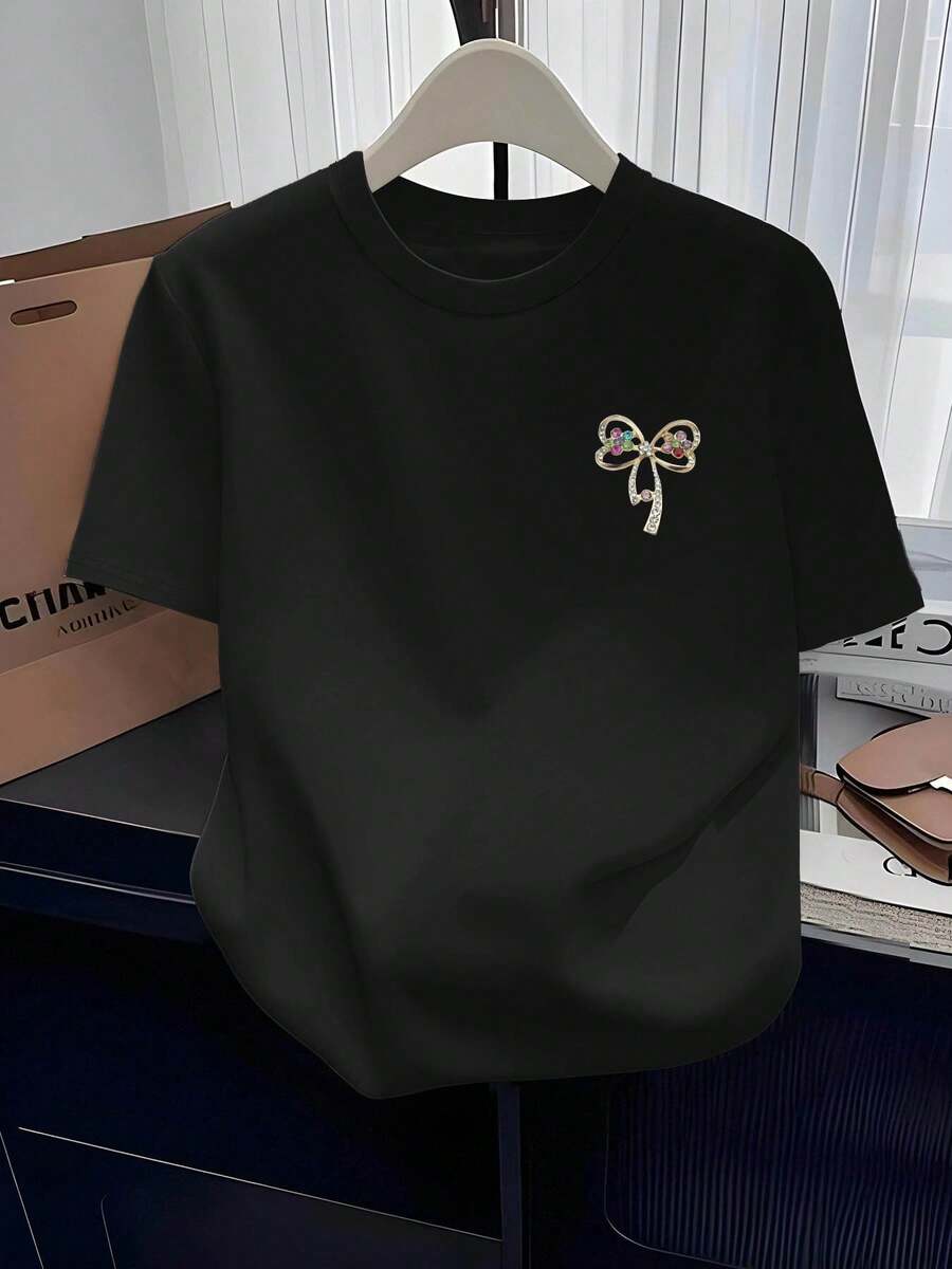 Women's Short-Sleeved T-Shirt, Athleisure Style, Vintage, Elegant, Exquisite, Fashionable, With Creative Bow Brooch Print, Soft, Comfortable, Loose, Casual, Streetwear, Sportswear, Ideal For Parties, Holidays, A Beautiful Gift. - 黑色 - 查看 1