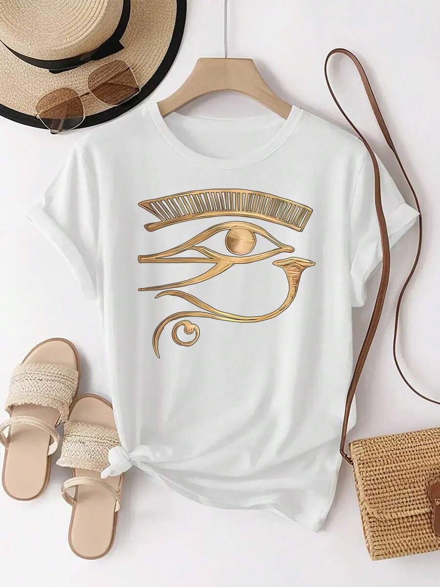 Camiseta de mujer con diseño estampado del Ojo de Horus del antiguo Egipto, estampado único, camiseta deportiva de moda de manga corta y cuello redondo para uso diario, top cómodo para mujer. - Blanco - Ver 1